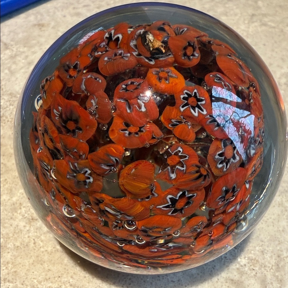 Vintage Millefiori Glass Paperweight Red & White Star Canes Red Floral Design